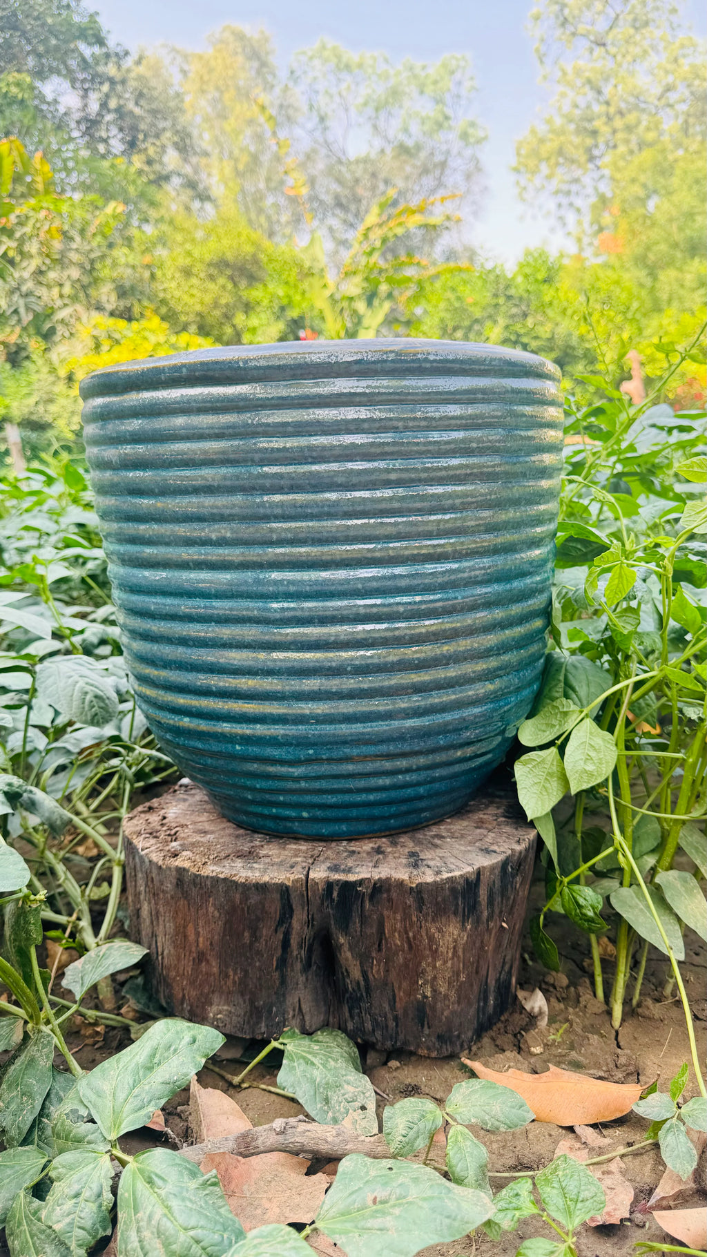 CRAMIC RIBBED TEAL BLUE GLAZED POT FOR HOME GARDEN BALCONY DECOR