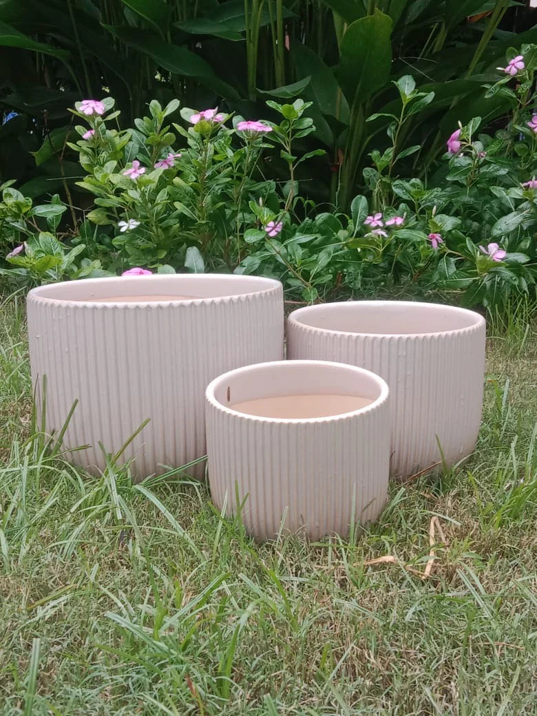 CERAMIC BEIGE LINED PLANTER POT SET FOR HOME GARDEN AND BALCONY DECOR